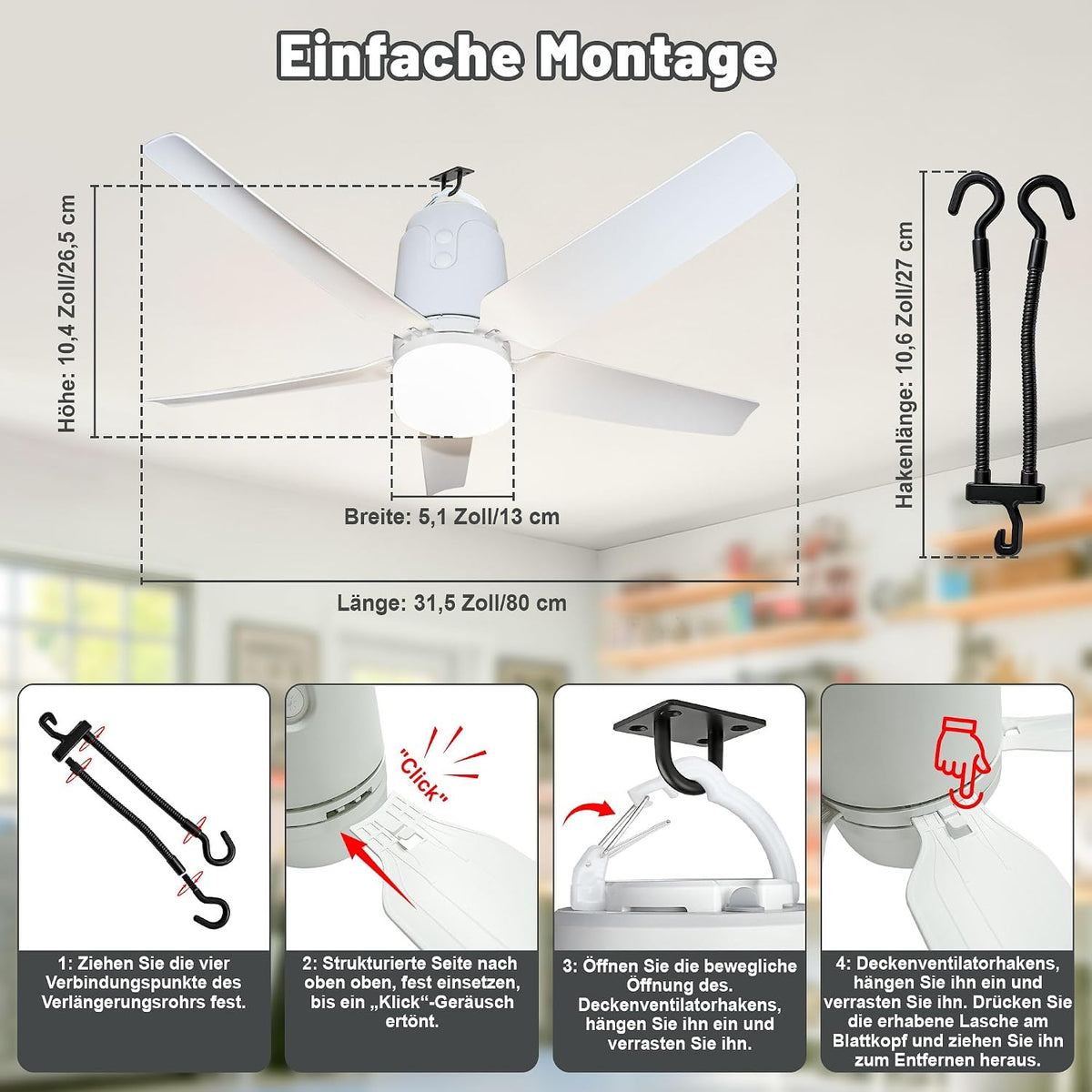 80CM Akku Deckenventilator mit Beleuchtung für Outdoor, 40000mAh Akku Groß Mobiler Ventilator mit Licht, 3000K-6000K Dimmbar, Fernbedienung & Haken, für Camping, Pavillon, Terrasse, Zelt, Wohnmobil