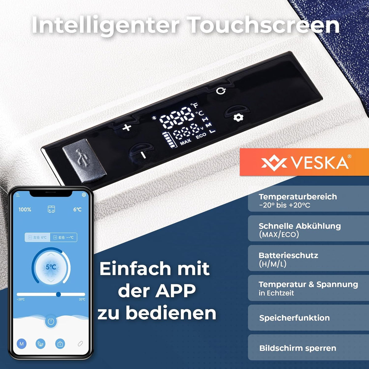 Kompressor Kühlbox elektrisch, Gefriertruhe mit APP-Steuerung, USB-Anschluss, 12/24V, 230V, Räder, transportabler Kühlschrank, Kühltruhe, Gefrierbox bis -20 °C für Auto, LKW, Boot (52L - anthrazit)