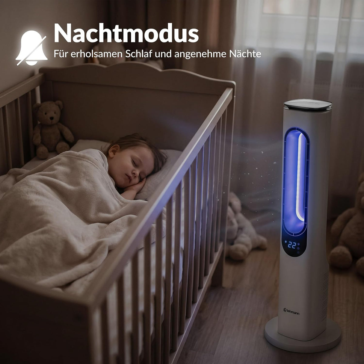 LEHMANN Turmventilator mit Fernbedienung & LED-Display, leiser Ventilator mit Schlafmodus, 15 h Timer, 3 Lichtfarben, 3 Modi, 3 Geschwindigkeiten, oszillierender Standventilator ohne Rotorblätter