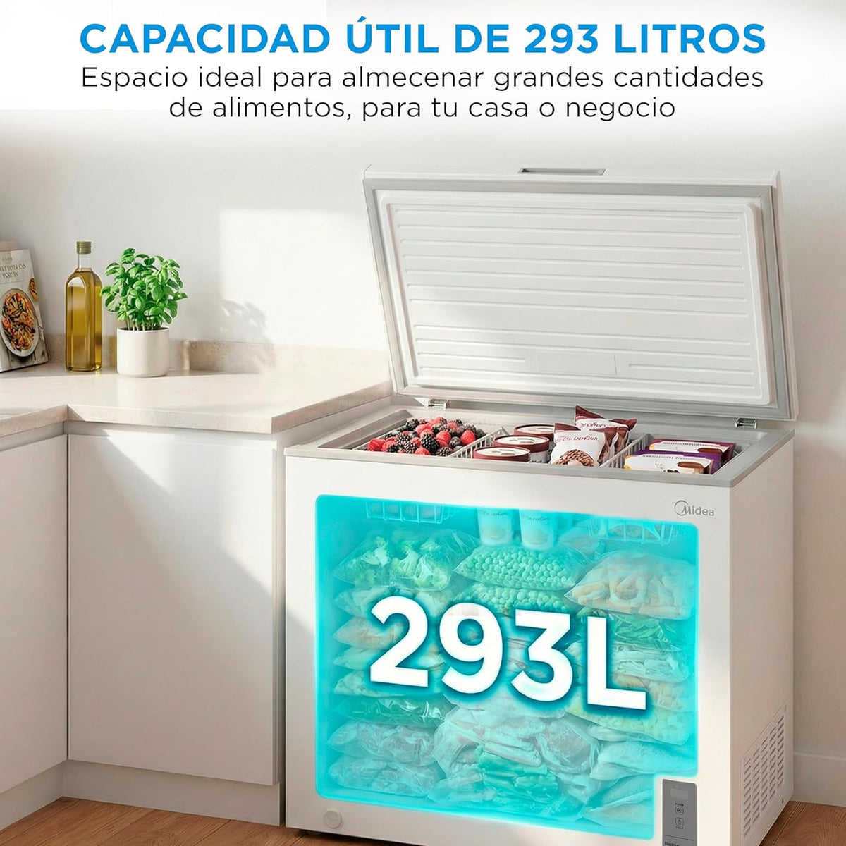 MIDEA Arcon Congelador Pequeño de 293L | Congelador Horizontal Convertible a Frigorífico con Motor Inverter, Control Electrónico de Temperatura, Cestas con Asa | Arcón Silencioso 41 db Bajo Consumo