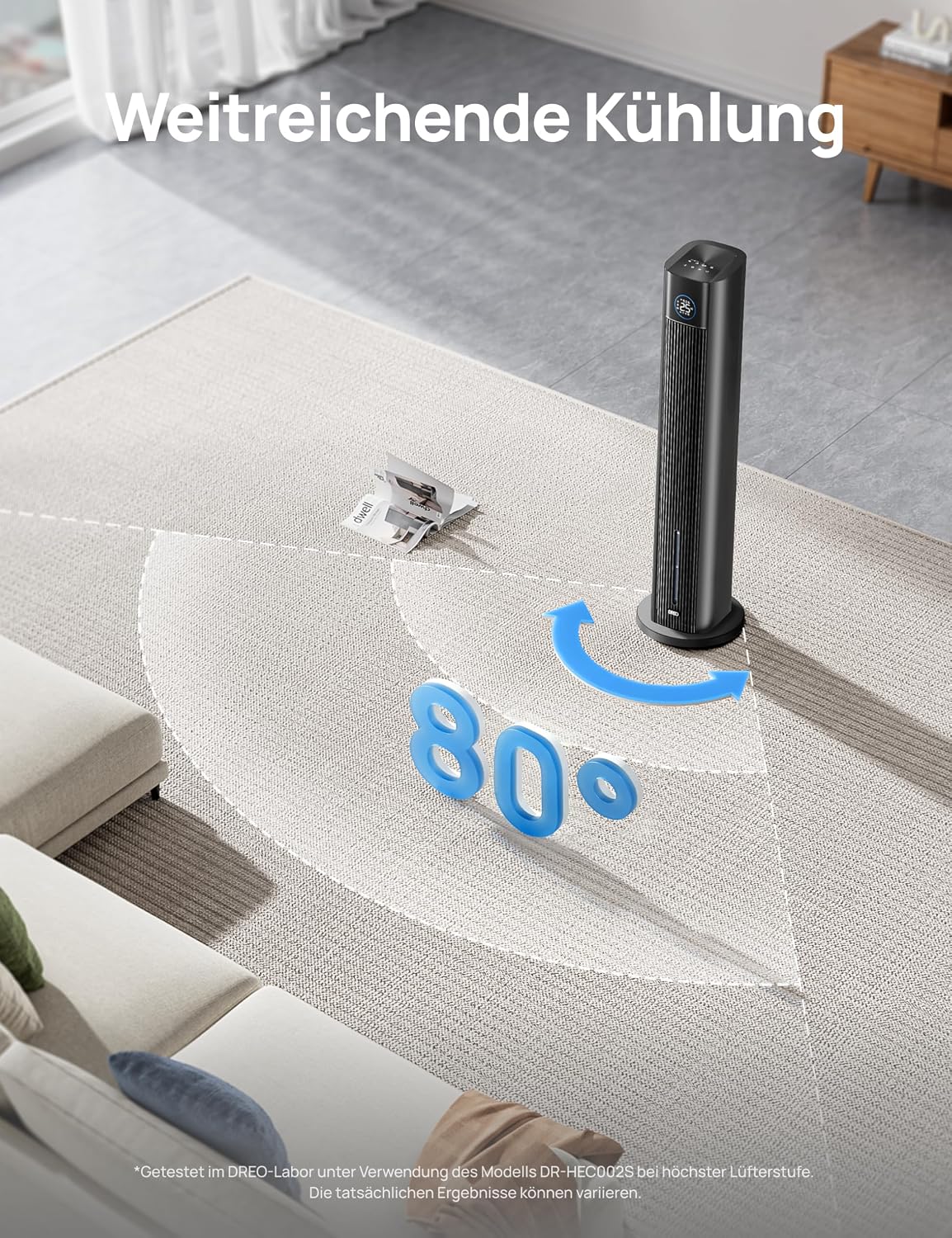 DREO Turmventilator mit Wasserkühlung, 110 cm Luftkühler mit Wasserkühlung Leise, 4-Geschwindigkeiten-4-Modi Verdunstungskühler, APP-Steuerung, Eisbeutel, 80° Oszillation, 12-Std. Timer, Schwarz