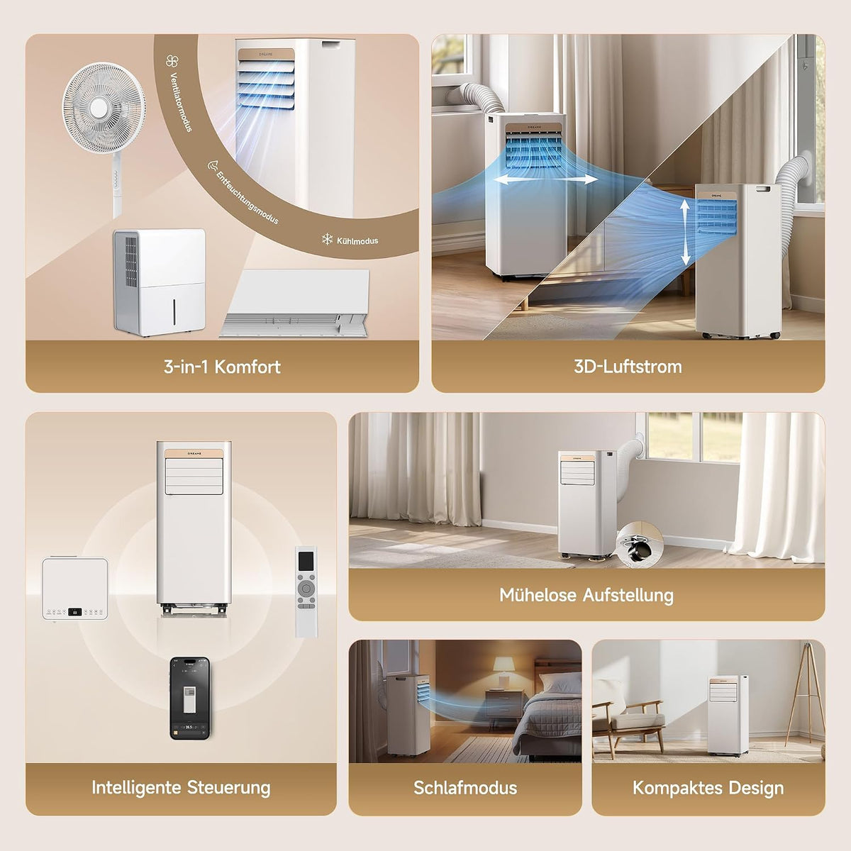 DREAME P-Wind10 7000 BTU Tragbare Klimaanlage, 3-in-1: Kühler & Entfeuchter & Ventilator. 3D Airflow, App- & Fernsteuerung, Schlafmodus, Selbstverdunstung, einfache Einrichtung