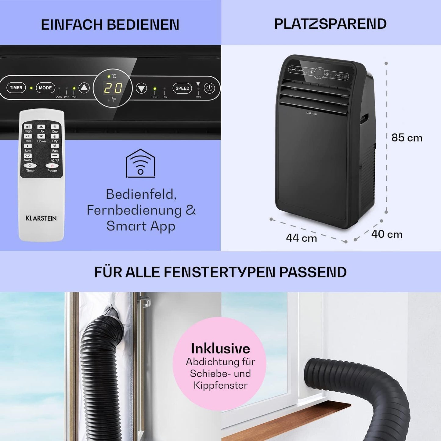 Klarstein Mobile Klimaanlage mit Abluftschlauch, 4-in-1 Klimagerät mit Ventilator, Luftentfeuchter & Nachtmodus, Kleine & Portable Klimaanlage für Wohnung & Büro, App-Steuerung, 12000 BTU