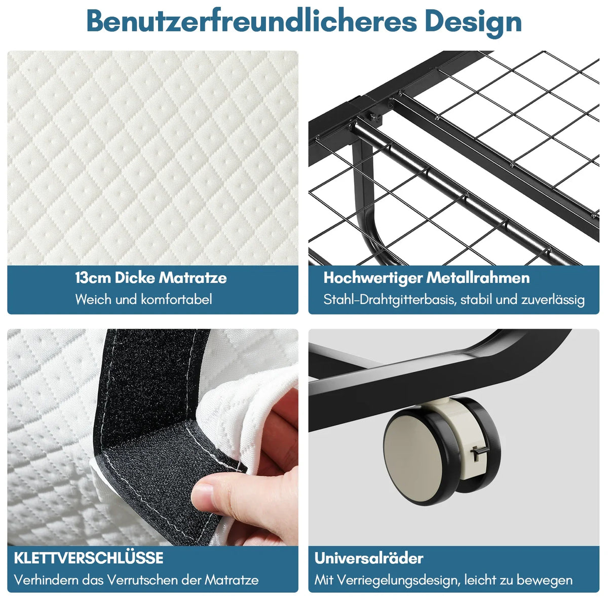 Sonnewelt Klappbett 90x200cm mit 13cm Dicke und Rollen