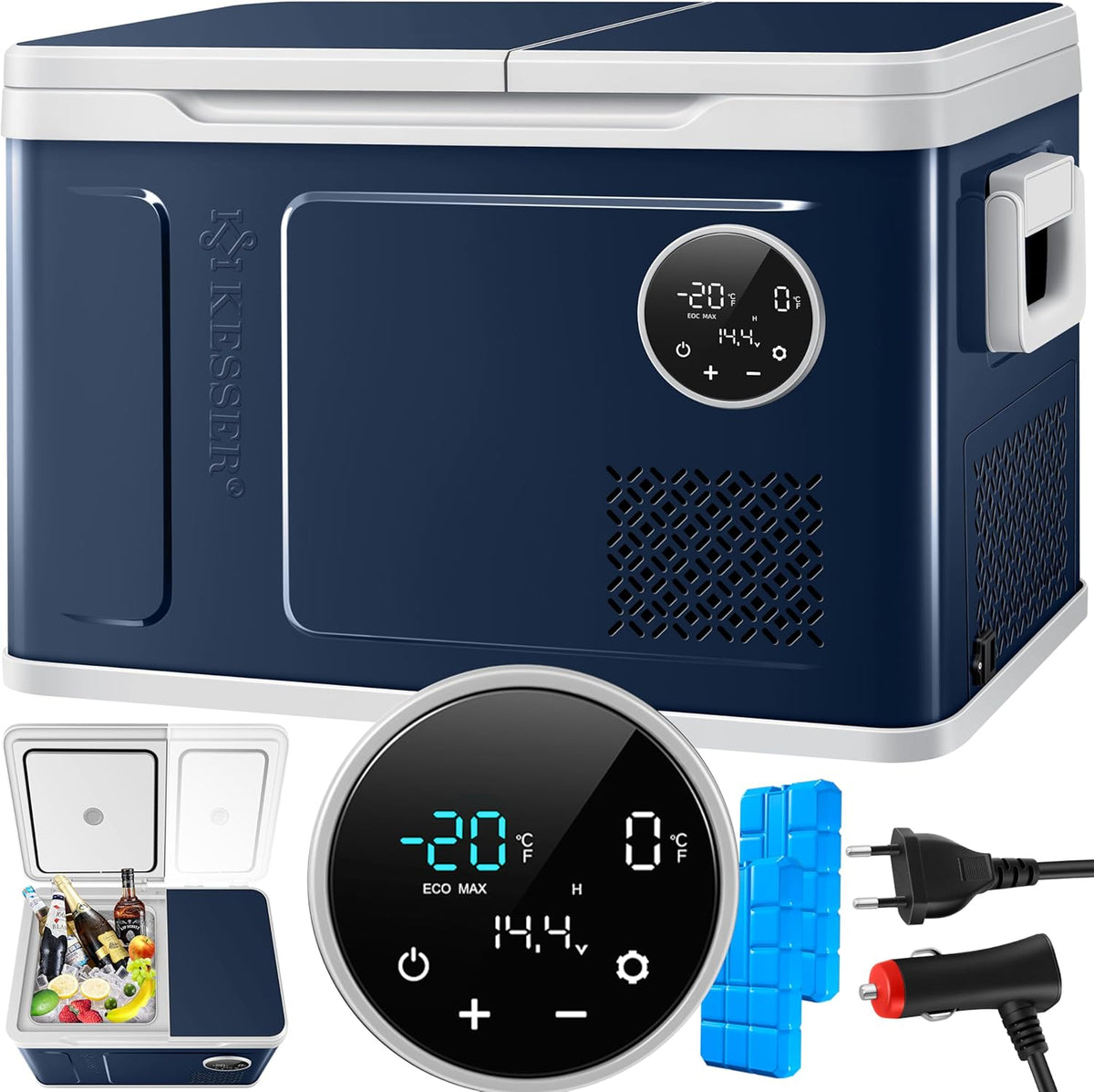 KESSER Kompressor Kühlbox 2in1 Doppelzone Kühl & Gefrierfach elektrische Gefrierbox mit 2x Kühlakkus & LED-Touch-Bedienung | Kühlschrank Kühlung bis -20 °C für Camping, Auto, Lkw 12/24V 230V