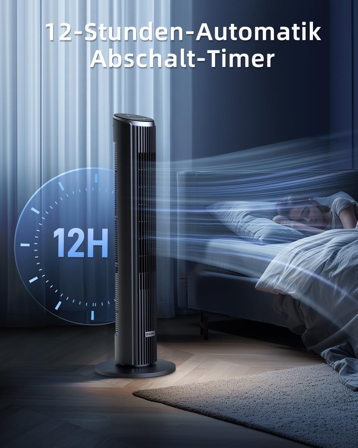 Ateroll Leiser Turmventilator für Schlafzimmer, Standventilator mit Fernbedienung, 90° oszillierend, 4 Geschwindigkeiten 3 Modi 12H Timer LED-Anzeige, 91 cm Elektrischer Kühlventilator, Schwarz