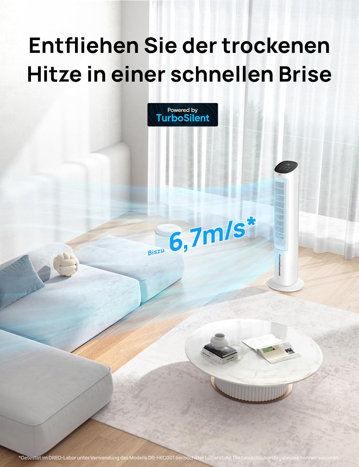 DREO Turmventilator mit Kühlung leise, Ventilator mit Wasserkühlung, 102 cm Luftkühler, Verdunstungskühler mit 80° Schwenkfunktion, 3 Modi, 4 Geschwindigkeiten, Fernbedienung, Weiß