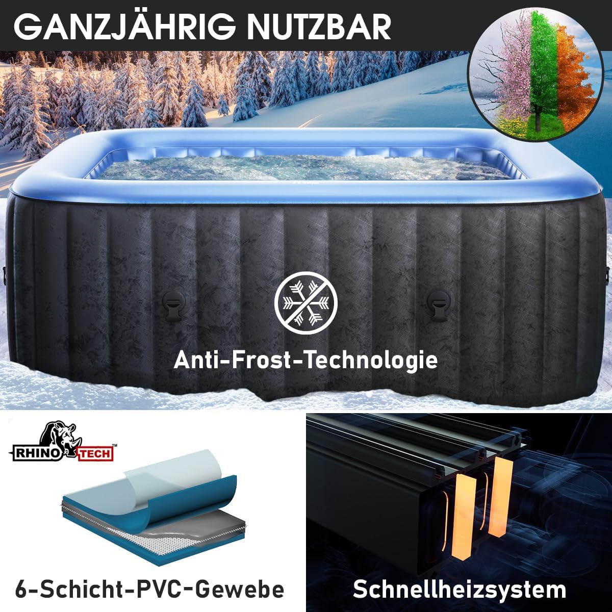 BRAST Whirlpool aufblasbar MSpa | 4-8 Personen | viele Modelle rund und eckig | Ø 125-224cm | In-Outdoor Pool | bis zu 144 Massagedüsen | inkl. Aufblasfunktion Abdeckung Timer Heizung | Tekapo6