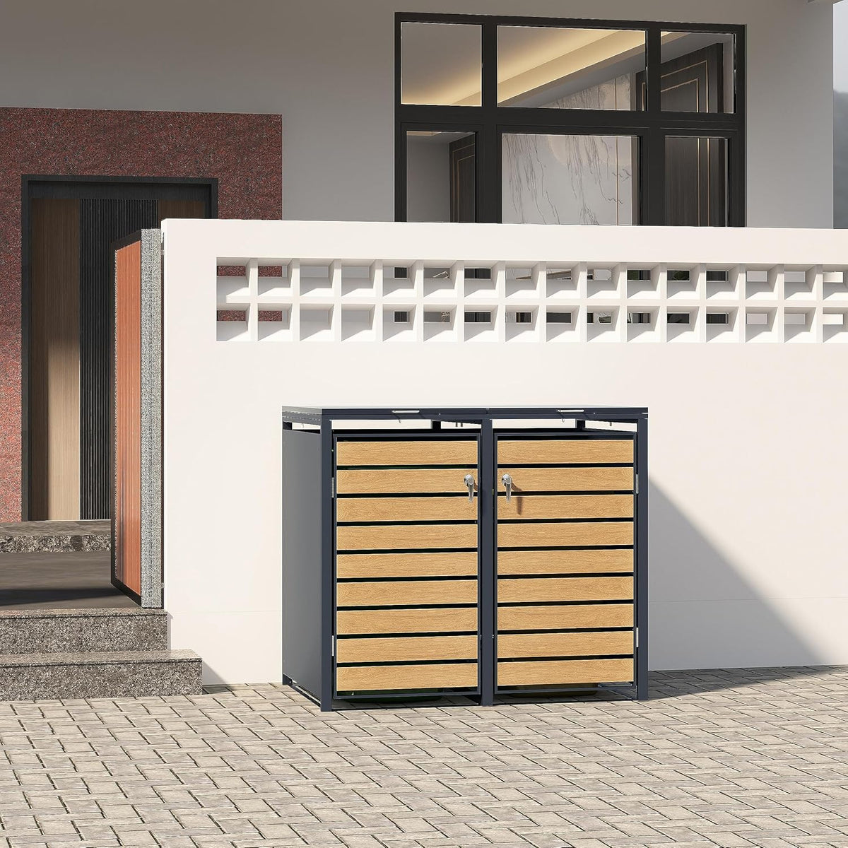 ESTEXO Mülltonnenbox Mülltonnenverkleidung mit Deckel Aufbewahrungsbox Müllbox Anthrazit mit Holzdekor (2 Türen)