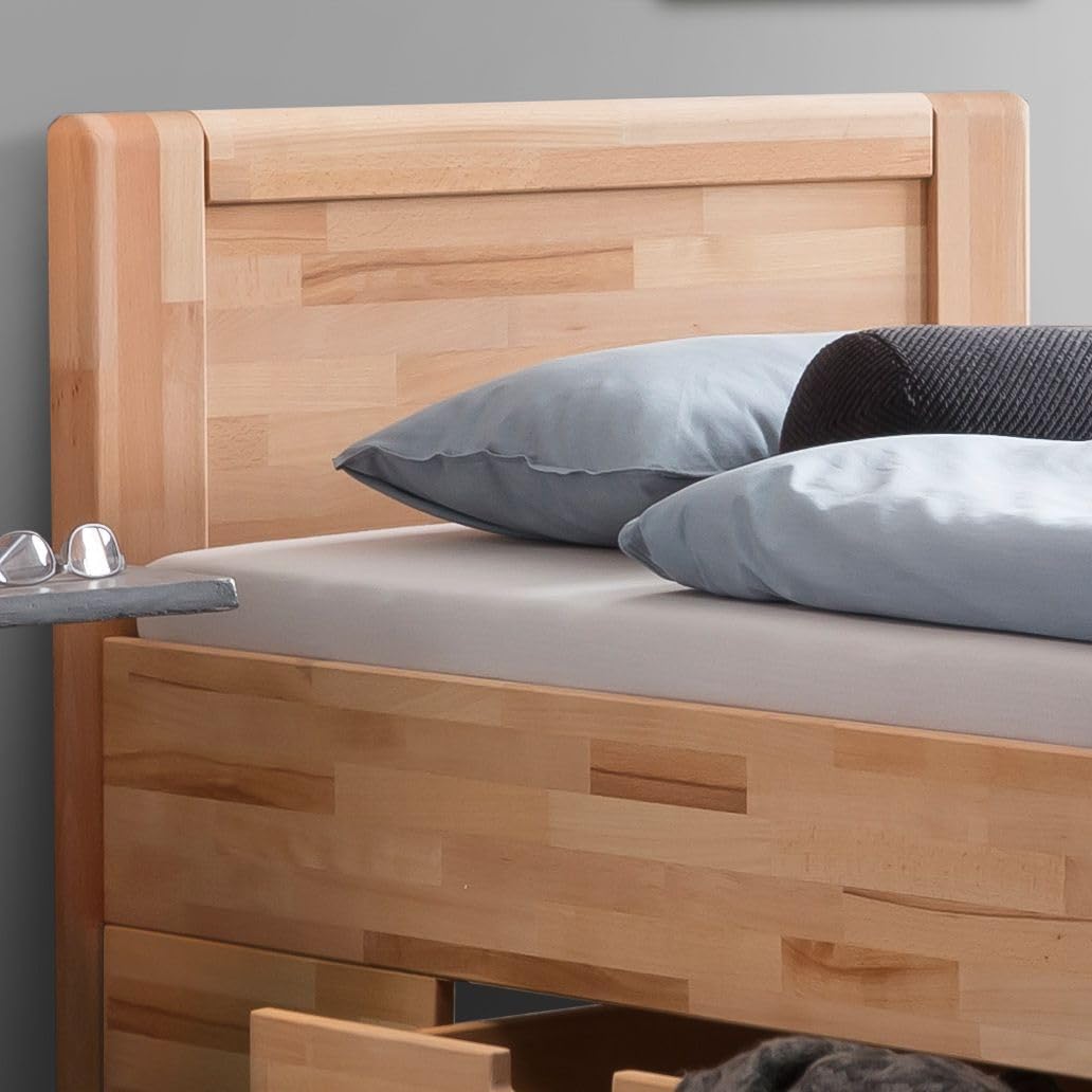 Ewen Seniorenbett Massivholz 90x200 cm mit Schubkasten Komforthöhe aus geölter Kernbuche, Natur, mit Auflageleisten, 48 cm Einstiegshöhe, Belastbarkeit: 160 kg, Bettgestell
