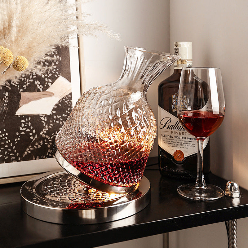 Glass Wine Decanter with Metal Display Stand for Wine Aeration and Tabletop Storage