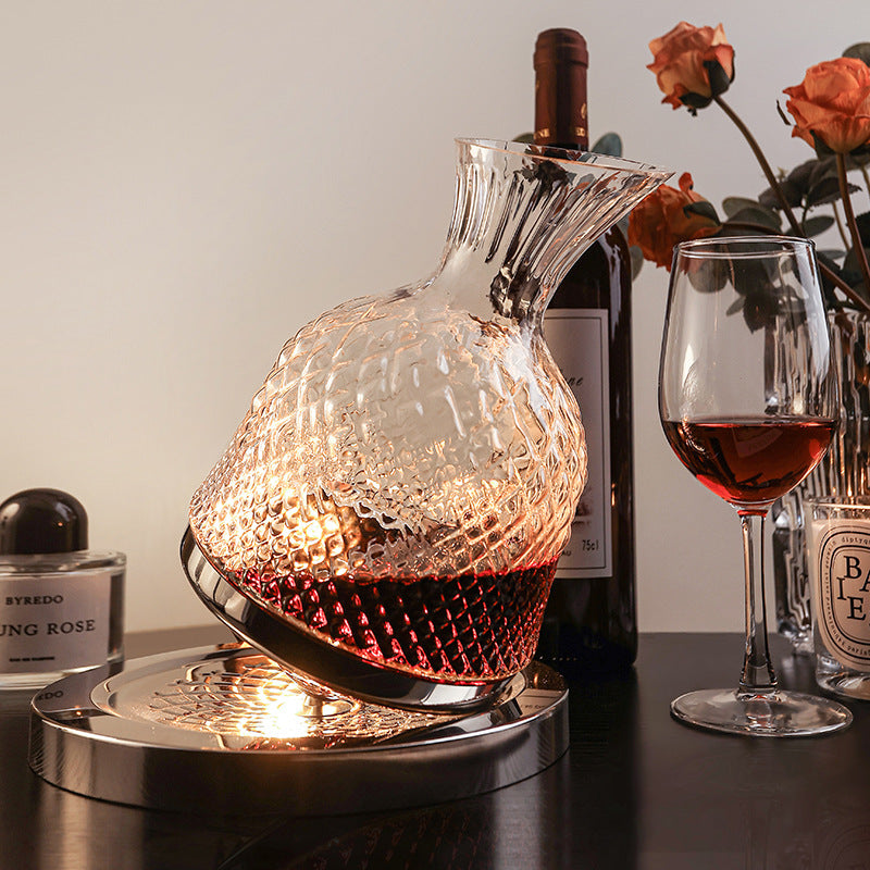 Glass Wine Decanter with Metal Display Stand for Wine Aeration and Tabletop Storage