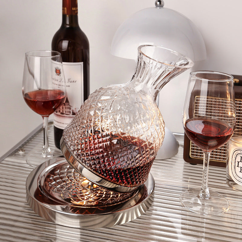Glass Wine Decanter with Metal Display Stand for Wine Aeration and Tabletop Storage