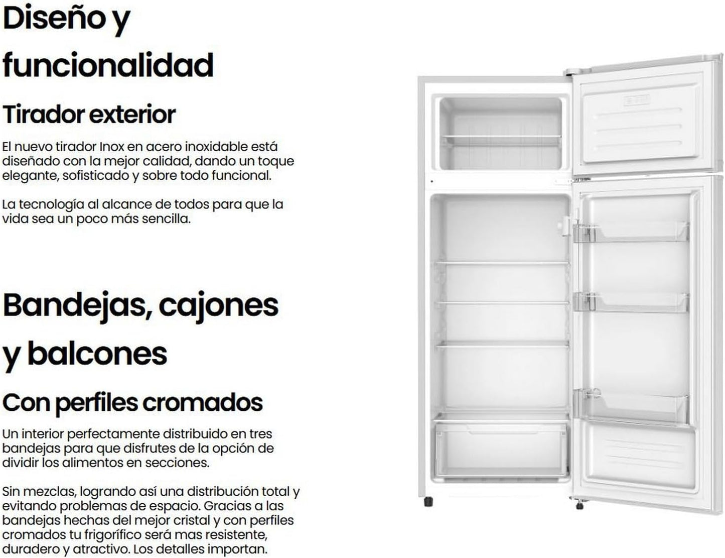 INFINITON Frigorifico Dos Puertas FG-A145B, 200 Litros, 143 cm de Altura, Defrost, LED Interior, E, Diseño con Tirador Integrado, Ancho 55 cm, Regulación en Altura, Puerta Reversible, Blanco