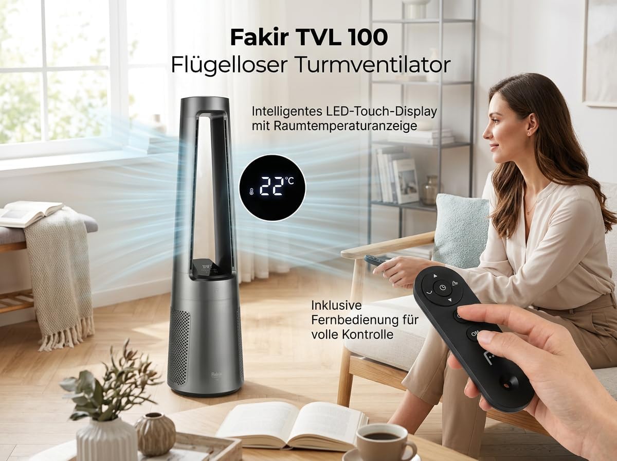 Fakir TVL 100 Flügelloser Turmventilator - DC-Motor, 12 Lüfterstufen, 30 dB(A), 60° Oszillation, 12h Timer, LED Touch Display, Fernbedienung, Anthrazit