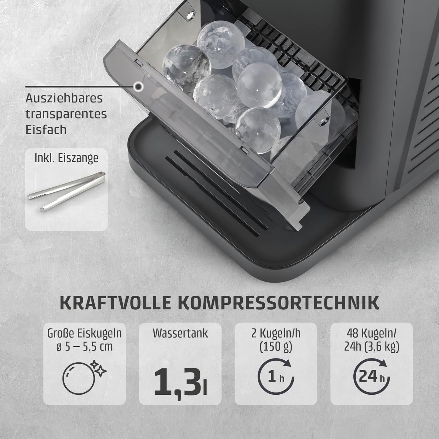 CASO IceBall Pro Eiskugelbereiter mit Kompressor - Kristallklare Eiskugeln 50-55 mm, 2 Kugeln/Stunde, 1,3 l Wassertank, Selbstreinigung, LED-Anzeige, mattschwarz