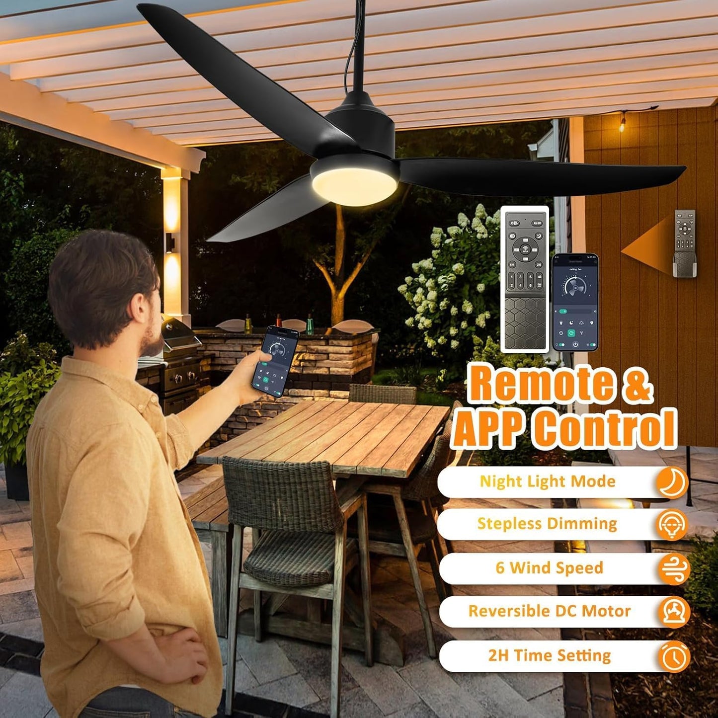Deckenventilator mit Beleuchtung und Fernbedienung IP65 Wasserdicht Aussen Ventilator Dimmbar Fan Deckenleuchte Moderne Lampe mit Ventilator Leise Ventilatorlicht für Schlafzimmer Balkon Außen