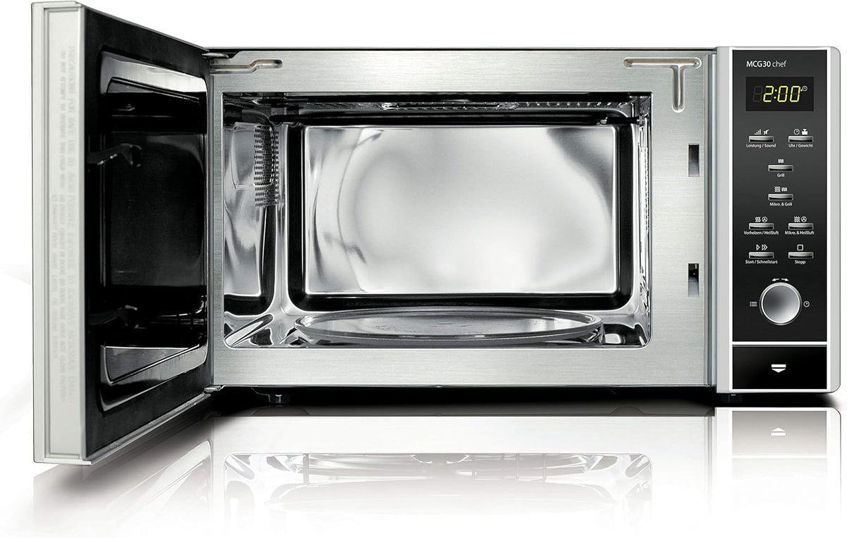 CASO MCG30 Ceramic chef Testsieger Haus & Garten Test, 3in1 Mikrowelle mit Grill + Heißluft 2100W 30L, Borosilikatglasboden, Backofen-Funktion bis 200°C