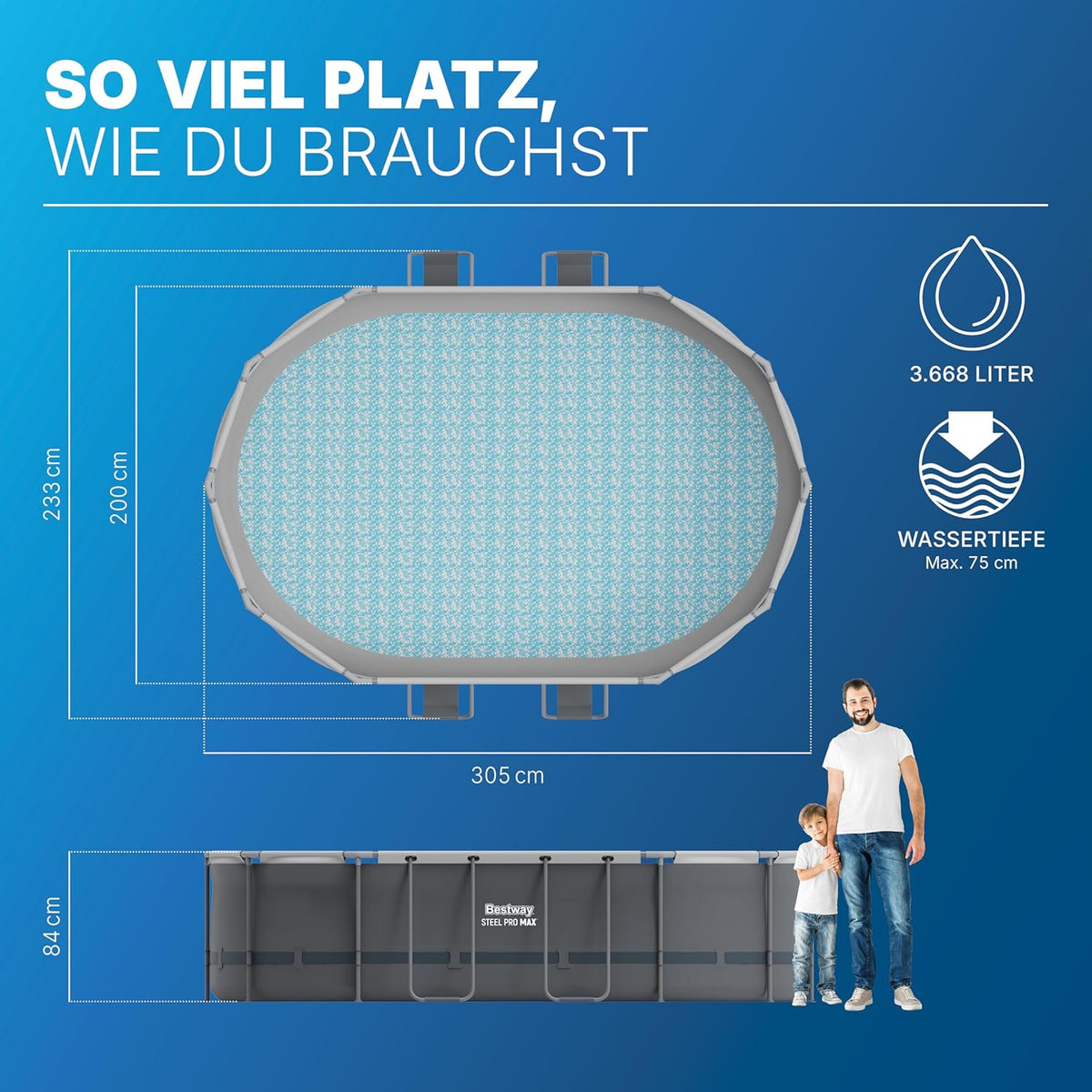 Bestway Power Steel Frame Pool Set mit Filterpumpe 305 x 200 x 84 cm, grau, oval