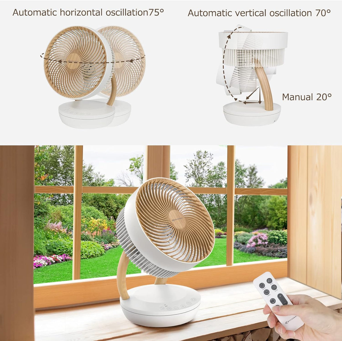 MYCARBON Ventilator sehr leise DC Motor 20dB 1850m³/h Luftmenge 8 Stufe ECO Modi Tischventilator 3D Luftumwälzer für 30m² Schlafzimmer Turbo Ventilator 8h Timmer