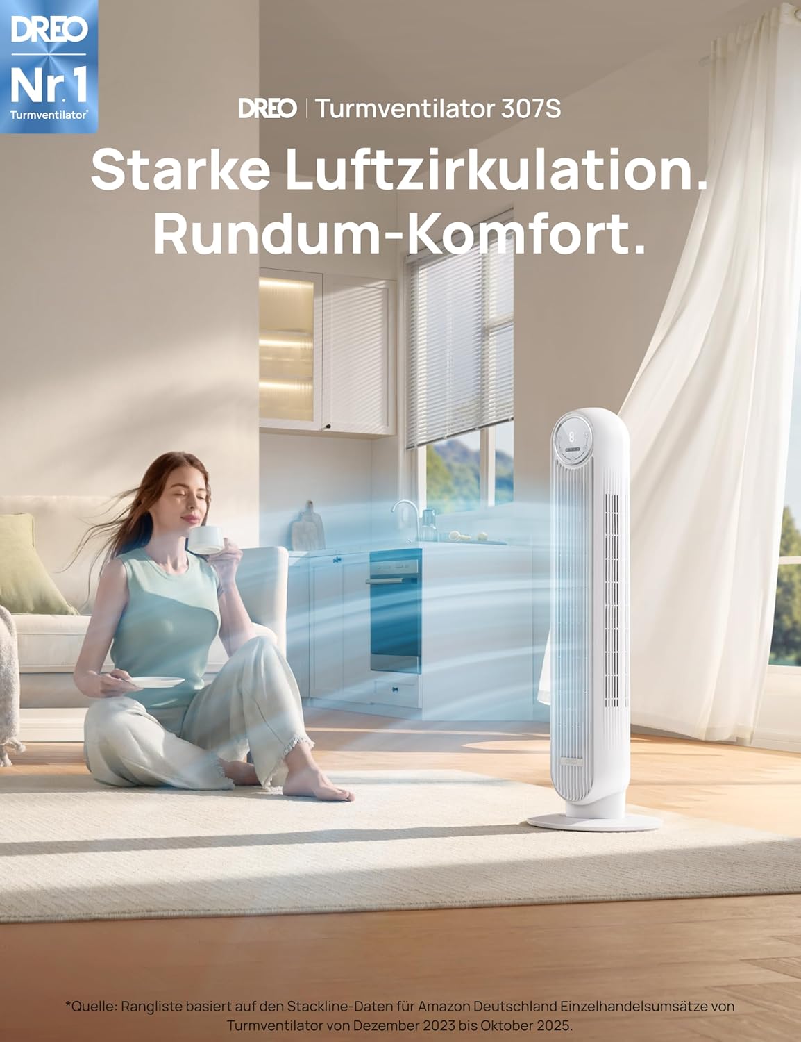 Dreo Smart 20dB Leiser Turmventilator, 10 m Wurfweite 4 Geschwindigstufen 4 Modi 8 Std. Timer 90° oszillierende Ventilator mit Kühlung WLAN & Fernbedienung für Schlafzimmer, Nomad OneS, Weiß