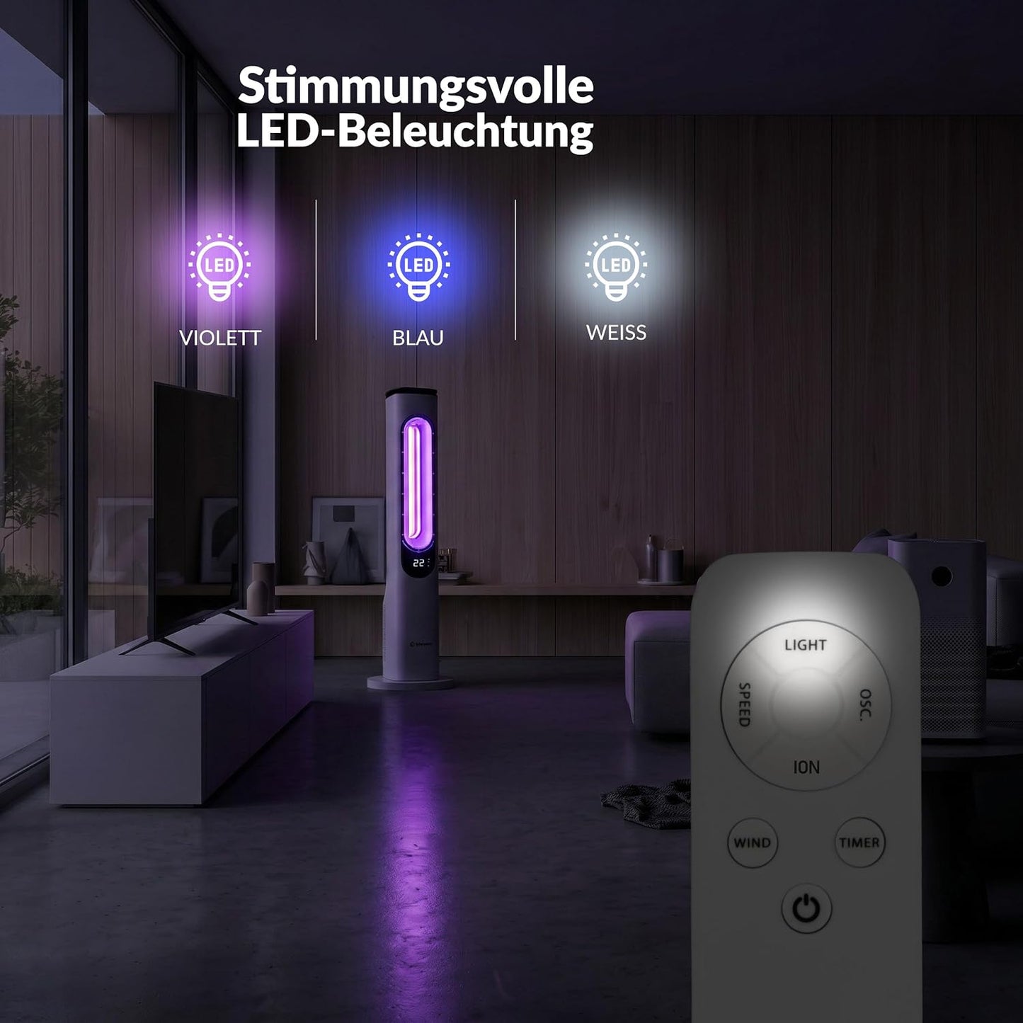 LEHMANN Turmventilator mit Fernbedienung & LED-Display, leiser Ventilator mit Schlafmodus, 15 h Timer, 3 Lichtfarben, 3 Modi, 3 Geschwindigkeiten, oszillierender Standventilator ohne Rotorblätter