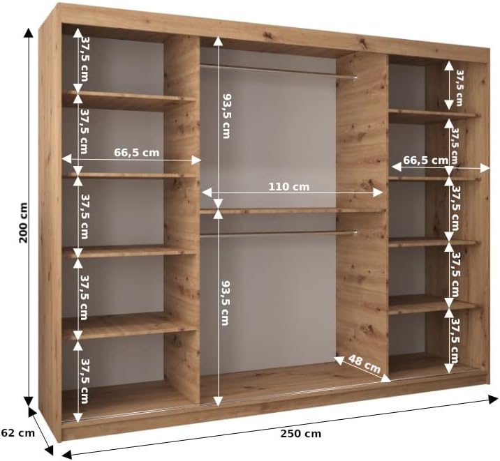 ABIKSMEBLE York 1 250 Armario 2 Puertas Correderas para Dormitorio - Armario Moderno con Espejo, Barra y Estantes - 250x200x62 cm (Ancho x Alto x Fondo) - Sonoma + Blanco Mate