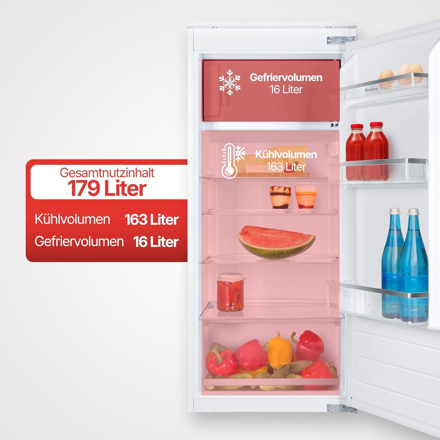 Amica Einbau Kühlschrank mit Gefrierfach 122 cm Nische Schlepptür Technik Inverter Motor elektronische Steuerung LED Beleuchtung Tür Offen Alarm