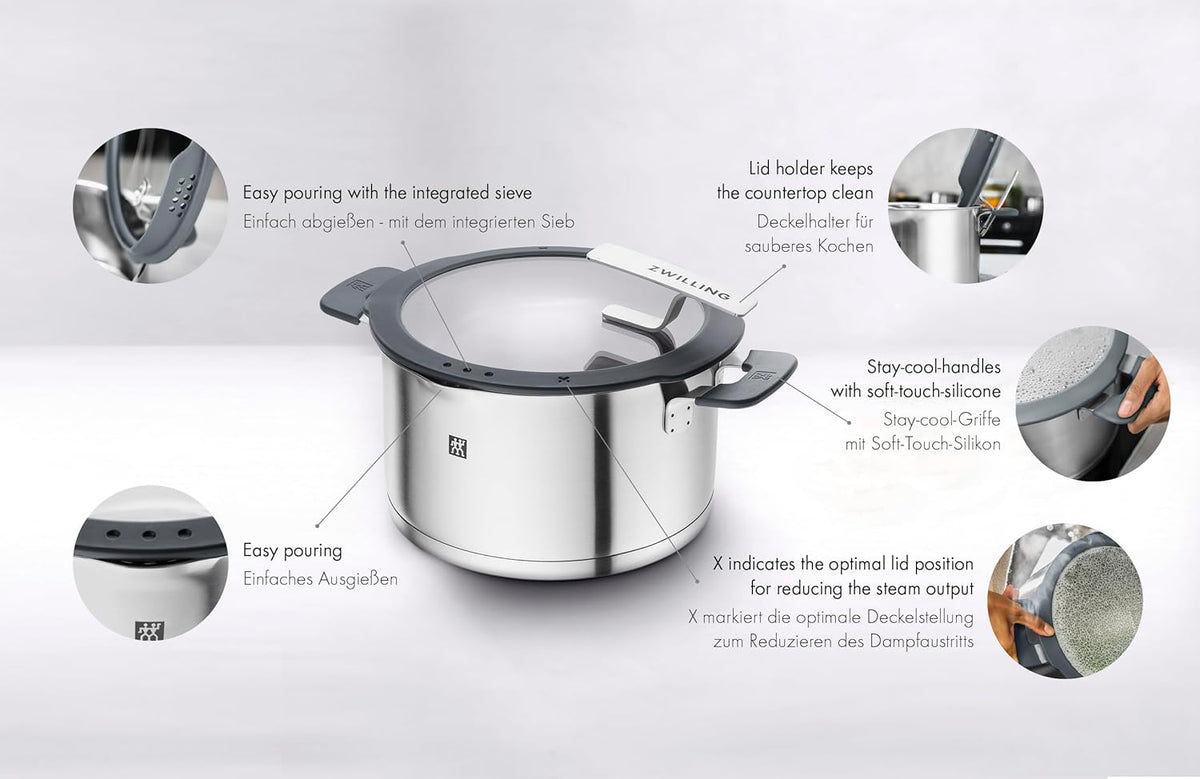 ZWILLING Simplify Kochtopf-Set 5-teilig, Mit Ausgießfunktion, Stay-Cool-Griffe, Induktionsgeeignet, Edelstahl, Silber
