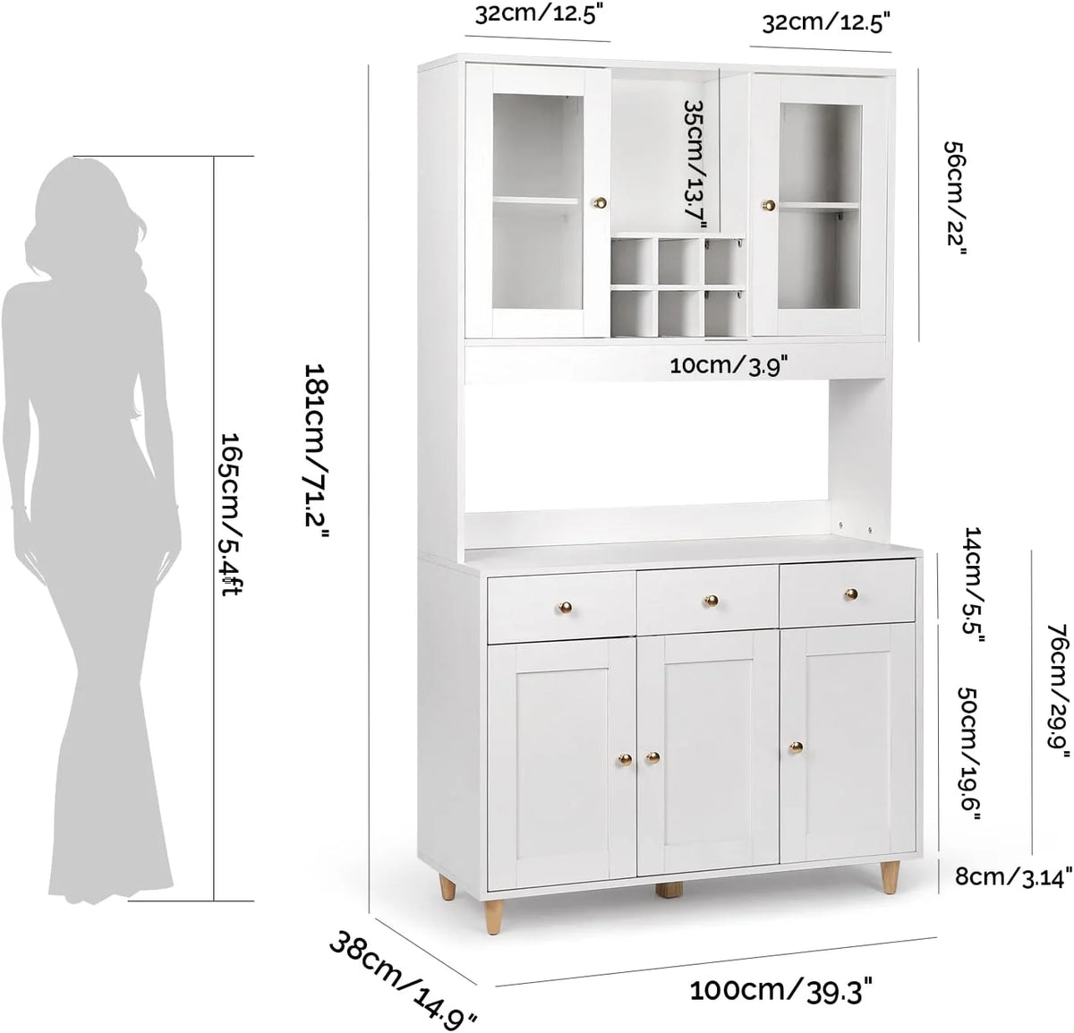 VOWNER Armario Aparador Cocina/Buffet, 100L x 38W x 181H cm, Mueble Auxiliar de Almacenaje, 5 Puertas y 5 Baldas Ajustables, Blanco