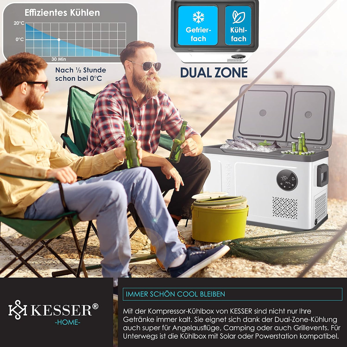 KESSER Kompressor Kühlbox 2in1 Doppelzone Kühl & Gefrierfach elektrische Gefrierbox mit 2x Kühlakkus & LED-Touch-Bedienung | Kühlschrank Kühlung bis -20 °C für Camping, Auto, Lkw 12/24V 230V