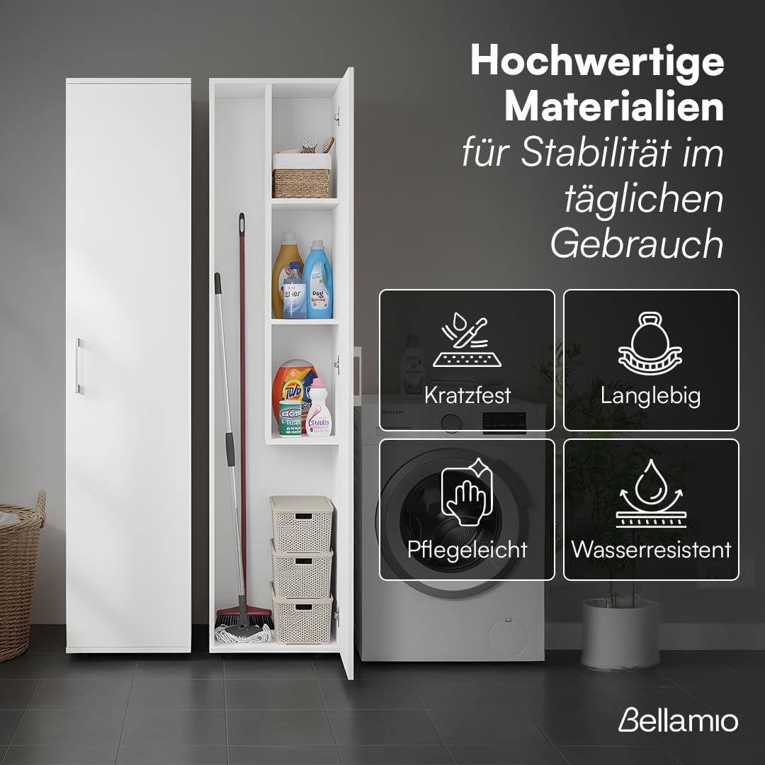 Bellamio Apol Besenschrank - Mehrzweckschrank 40 cm breit Weiß - Vorratsschrank mit Staubsaugerfach - Putzschrank aus Holz - Flurschrank mit Stauraum - Haushaltsschrank - Allzweckschrank 176x33x40 cm