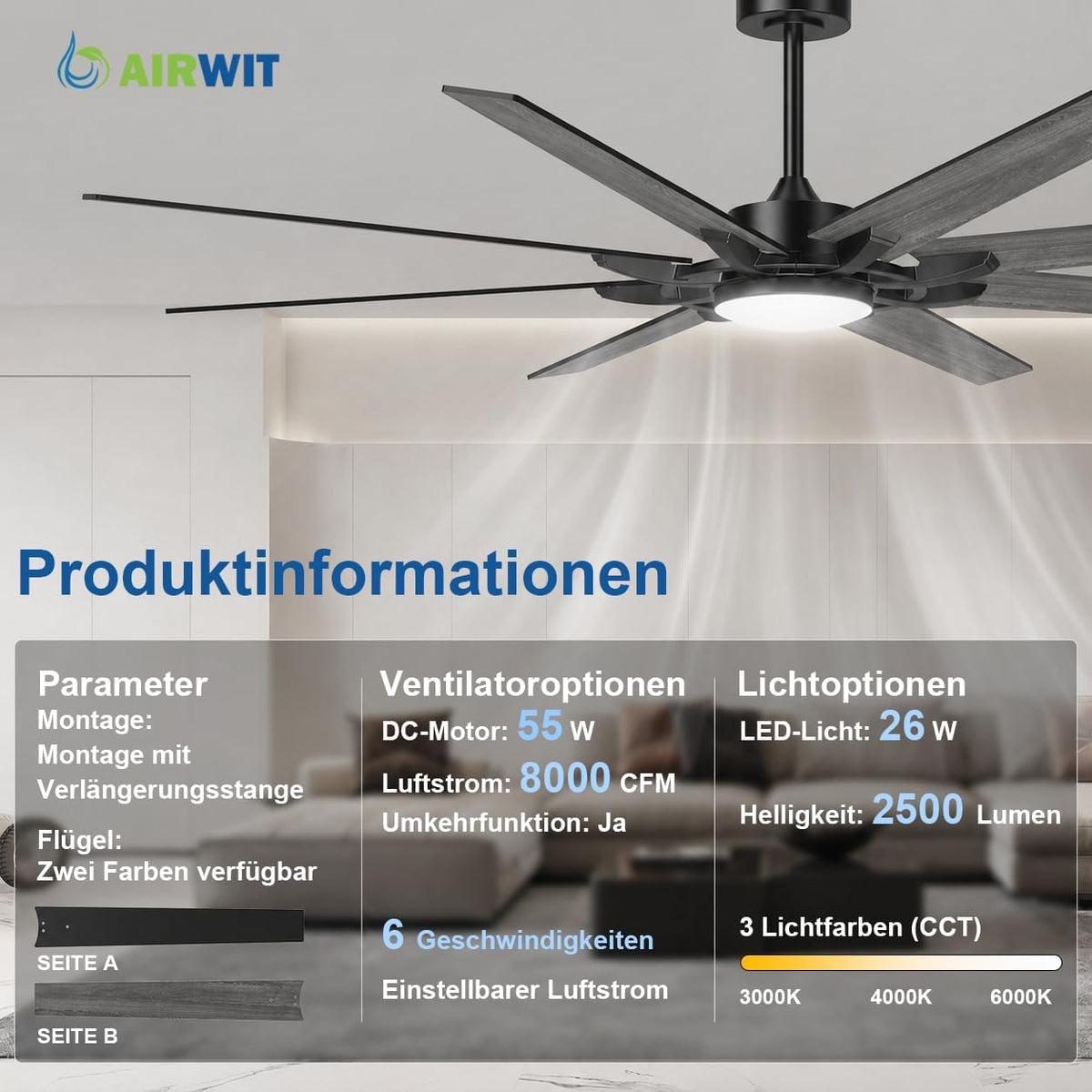Airwit 183cm Deckenventilator mit Beleuchtung Extra Groß, Verbundholz Outdoor Leise Deckenventilator mit Licht und Fernbedienung, Lampe mit Ventilator für Terrasse, Industrial, Großes Zimmer