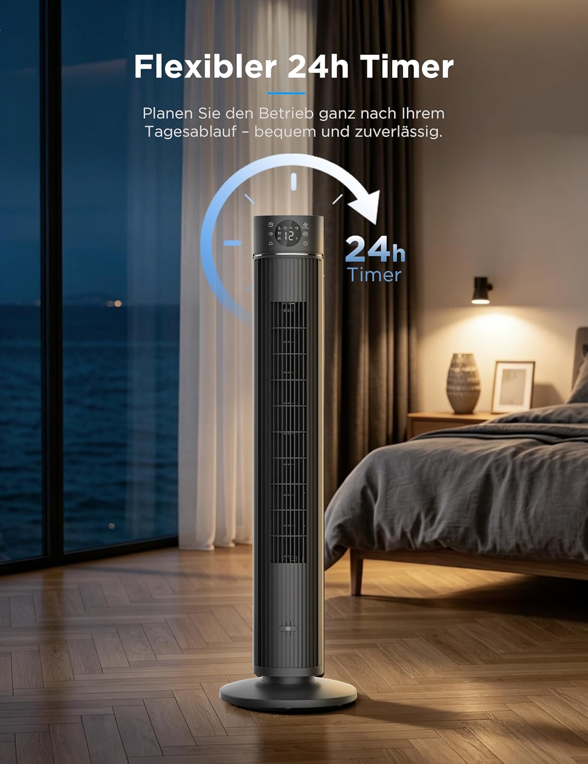 Midea FZ10-26ARDW Smart Leiser Turmventilator mit Fernbedienung, 19 dB Flüsterleise, DC-Motor, 4 Modi & 12 Stufen, 24h Timer, App-Steuerung für Schlafzimmer, Wohnzimmer & Büro, Schwarz, 105cm