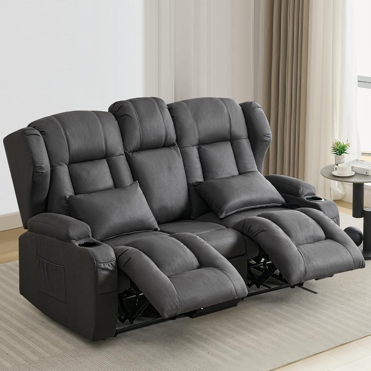 2er Relaxsessel mit Liegefunktion Fußteil, Zweisitzer Fernsehsessel 2 Sitzer TV Sessel mit Konsole, Manuell Verstellbar Doppel Kinosessel bis 360 kg (Klappbare Mittelkonsole, Leathaire Grau)