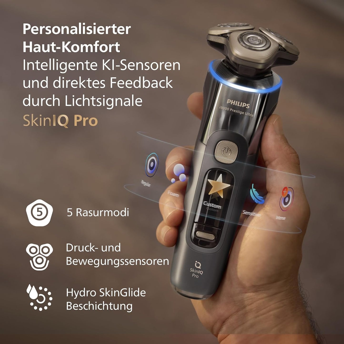 Rasierer i9000 Prestige Ultra, Nass- und Trockenrasierer für Herren, adriatic, Druck- und Bewegungssensor, 5+1 Bartstyler, Reinigungsstation, UV-Ladecase und Reiseetui (Modell XP9402/46)