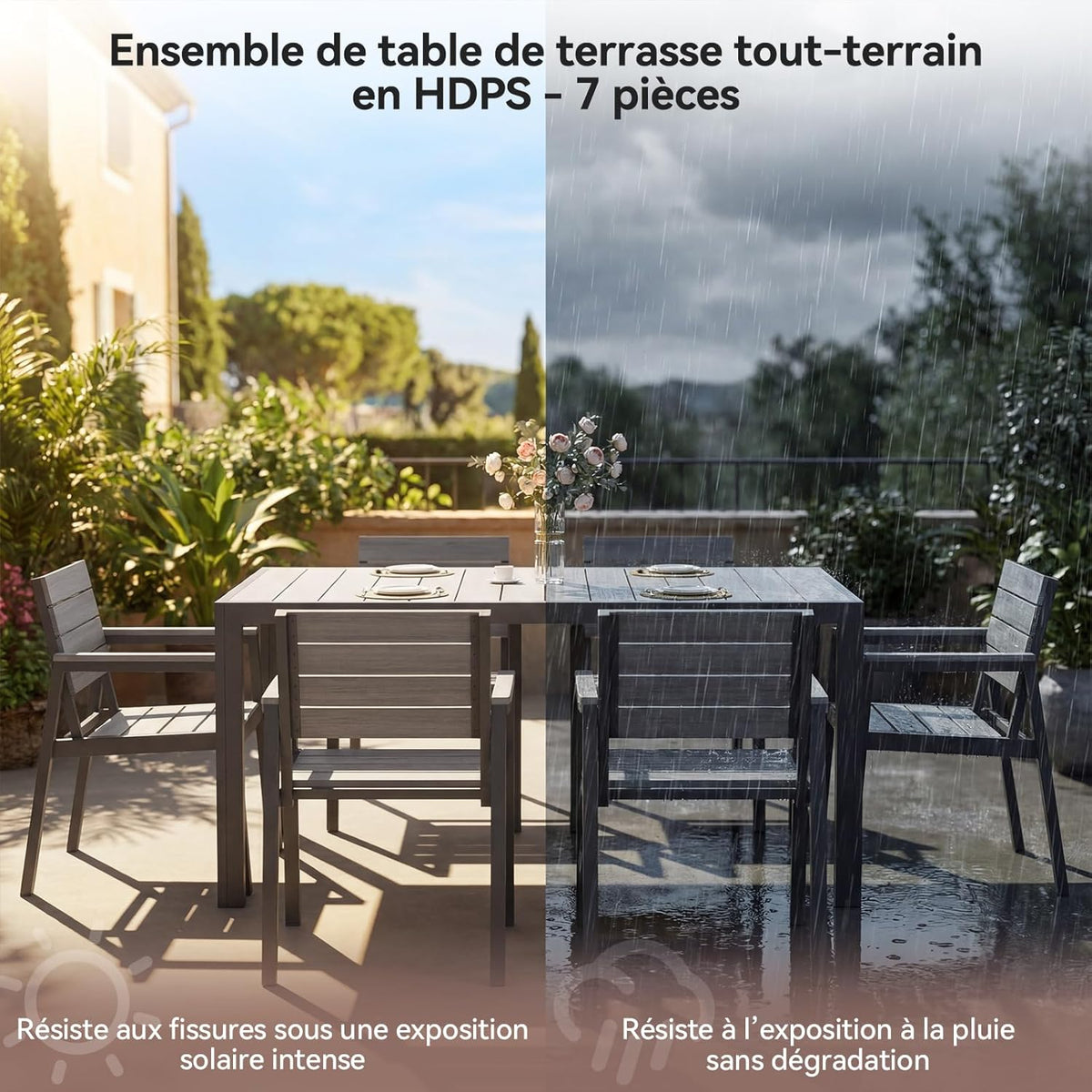 Devoko HDPS Conjunto de jardín de exterior de 7 piezas, resistente a la intemperie,con mesa de 150 cm y 6 sillas de jardín de exterior de aluminio,acabado imitación madera y fácil mantenimiento (gris)