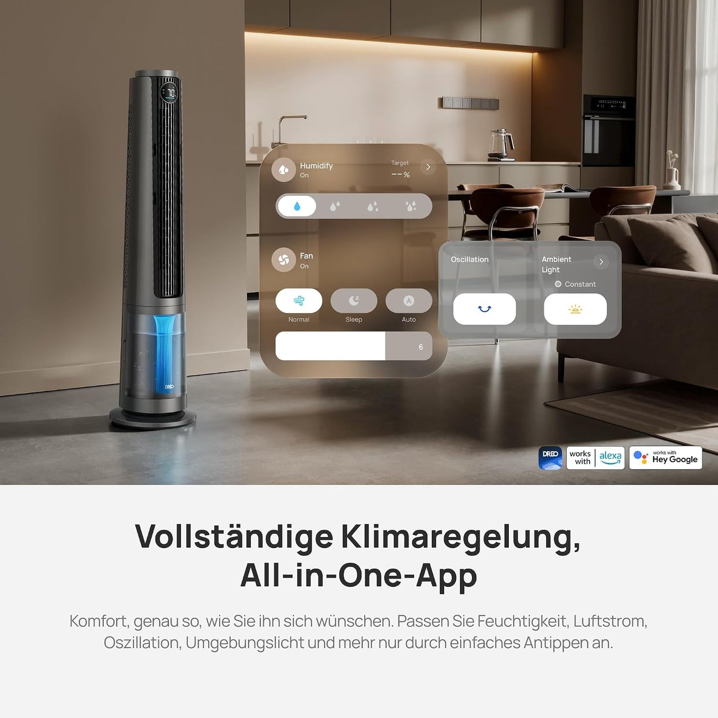 DREO TurboCool Nebelventilator 765S, 3-in-1 Turmventilator mit Ultraschall, WLAN & App-Steuerung, 6 L Tank, 10.4 m/s Luftstrom, 20 dB leiser DC-Motor, 90° Oszillation, 12 Geschwindigkeiten, 4 Modi