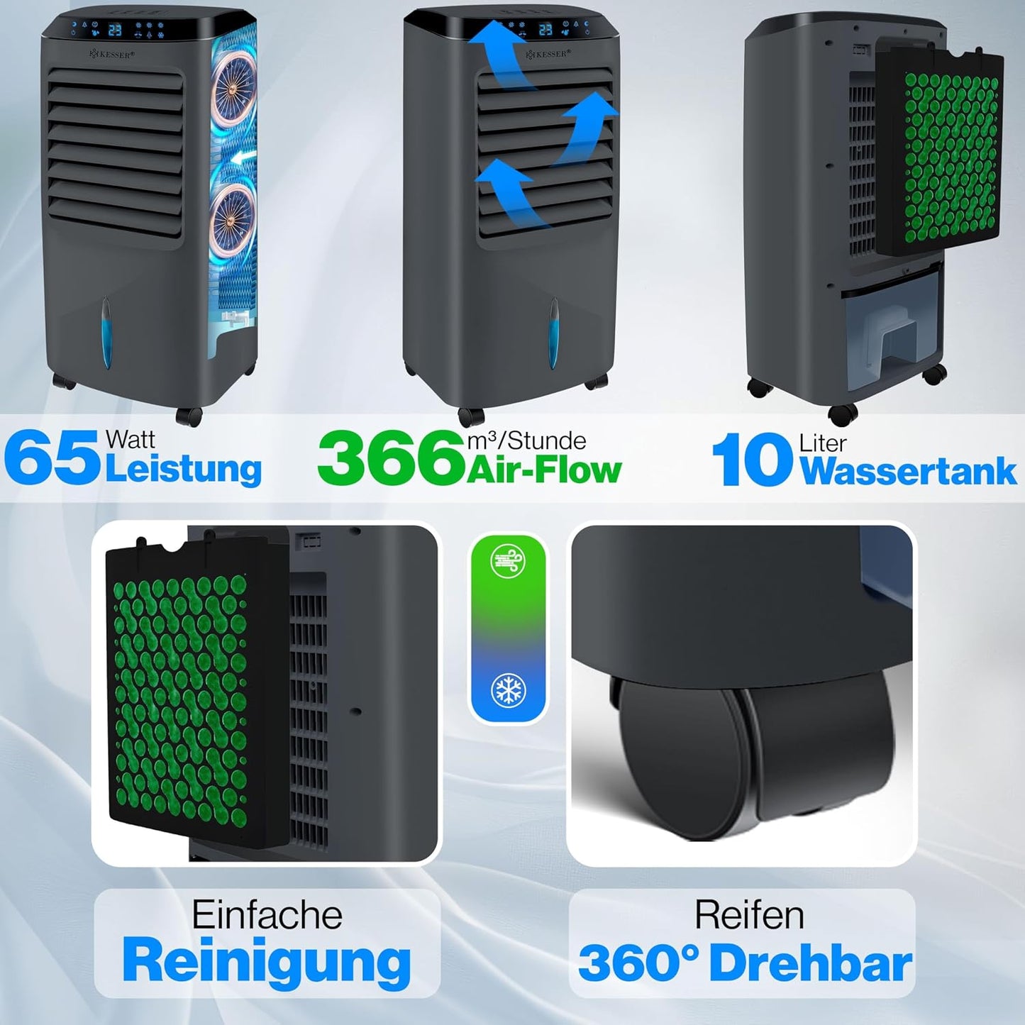 KESSER® Mobile Klimaanlage 4in1 Luftkühler – Air Cooler mit Fernbedienung & Timer, 10L Wassertank, Ionisator & Luftbefeuchter, Ventilator Klimagerät ohne Abluftschlauch, 3 Stufen inkl. Kühlakkus