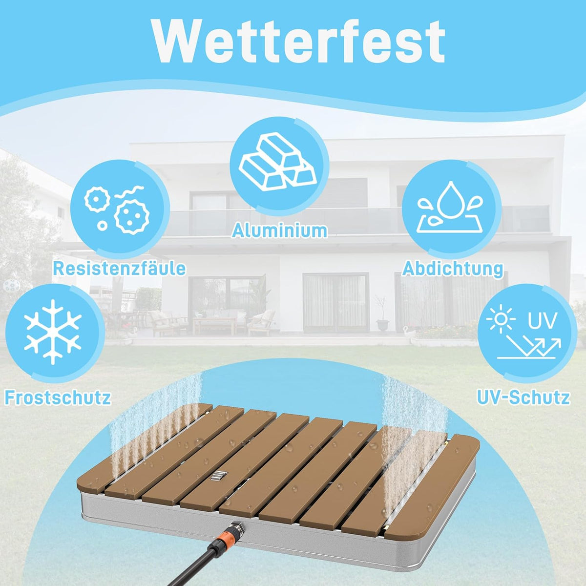 UISEBRT Gartendusche Außendusche aus WPC und Aluminium - Mobile Bodendusche Solardusche Campingdusche - Fontänenhöhe bis 4m einstellbar - für Pool Garten Terrasse (Eckig - Braun)