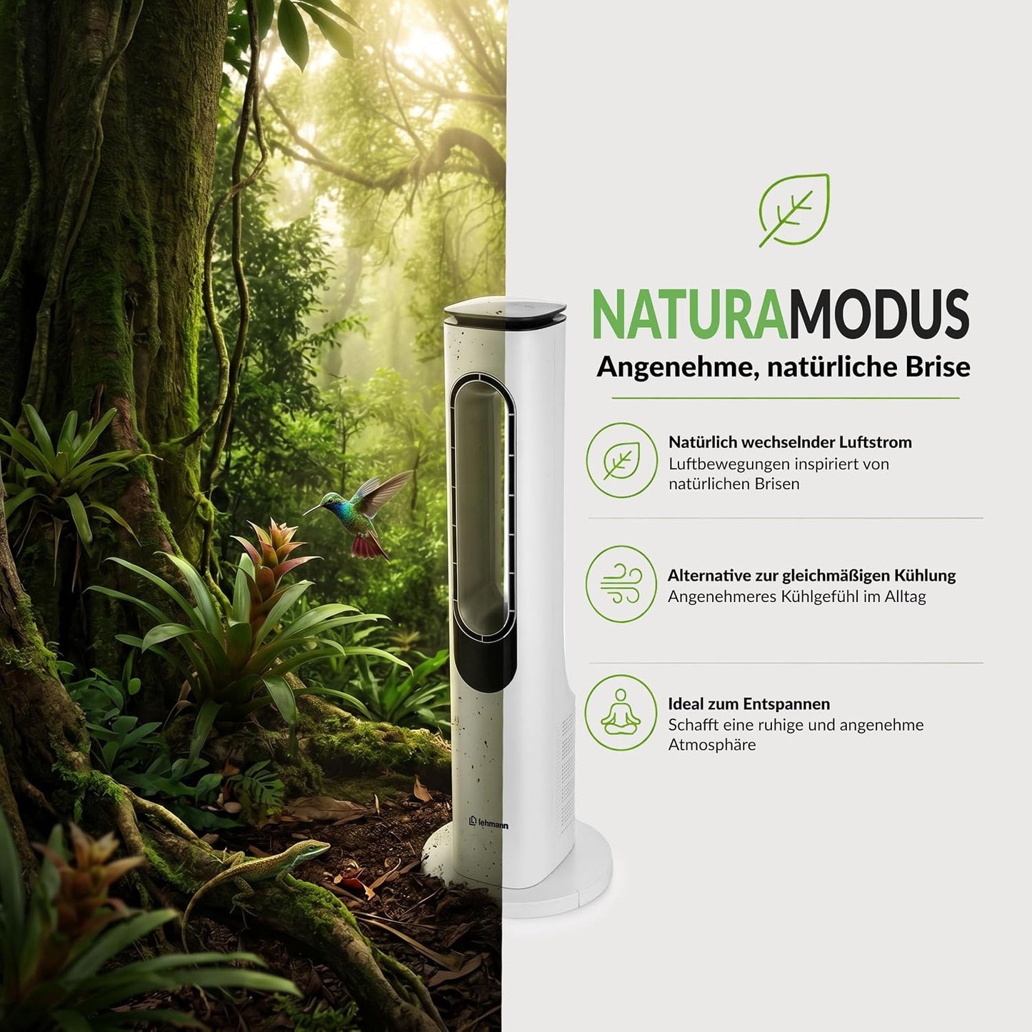 LEHMANN Turmventilator mit Fernbedienung & LED-Display, leiser Ventilator mit Schlafmodus, 15 h Timer, 3 Lichtfarben, 3 Modi, 3 Geschwindigkeiten, oszillierender Standventilator ohne Rotorblätter
