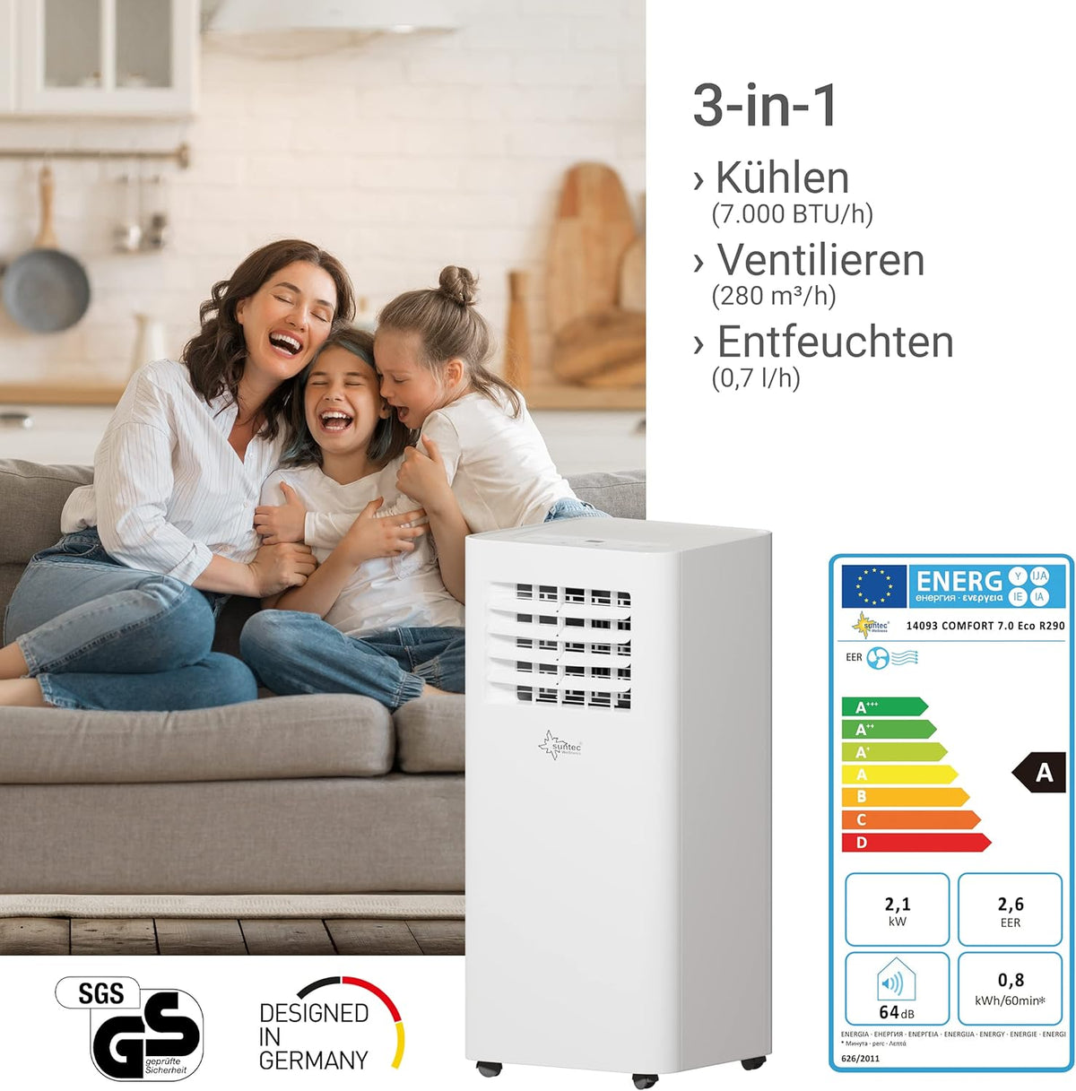 SUNTEC Mobiles Klimagerät Impuls 2.6 Eco R290 – Klimaanlage mobil und leise mit Abluftschlauch – Kühler & Entfeuchter für Räume bis 34 qm – Mobile Kühlung für Wohnung & Büro – 9.000 BTU | 2600 Watt