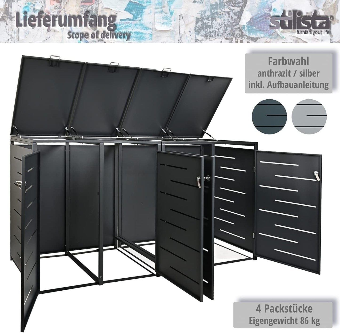STILISTA Mülltonnenverkleidung aus Metall, für 4 Mülltonnen je 240 Liter, anthrazit