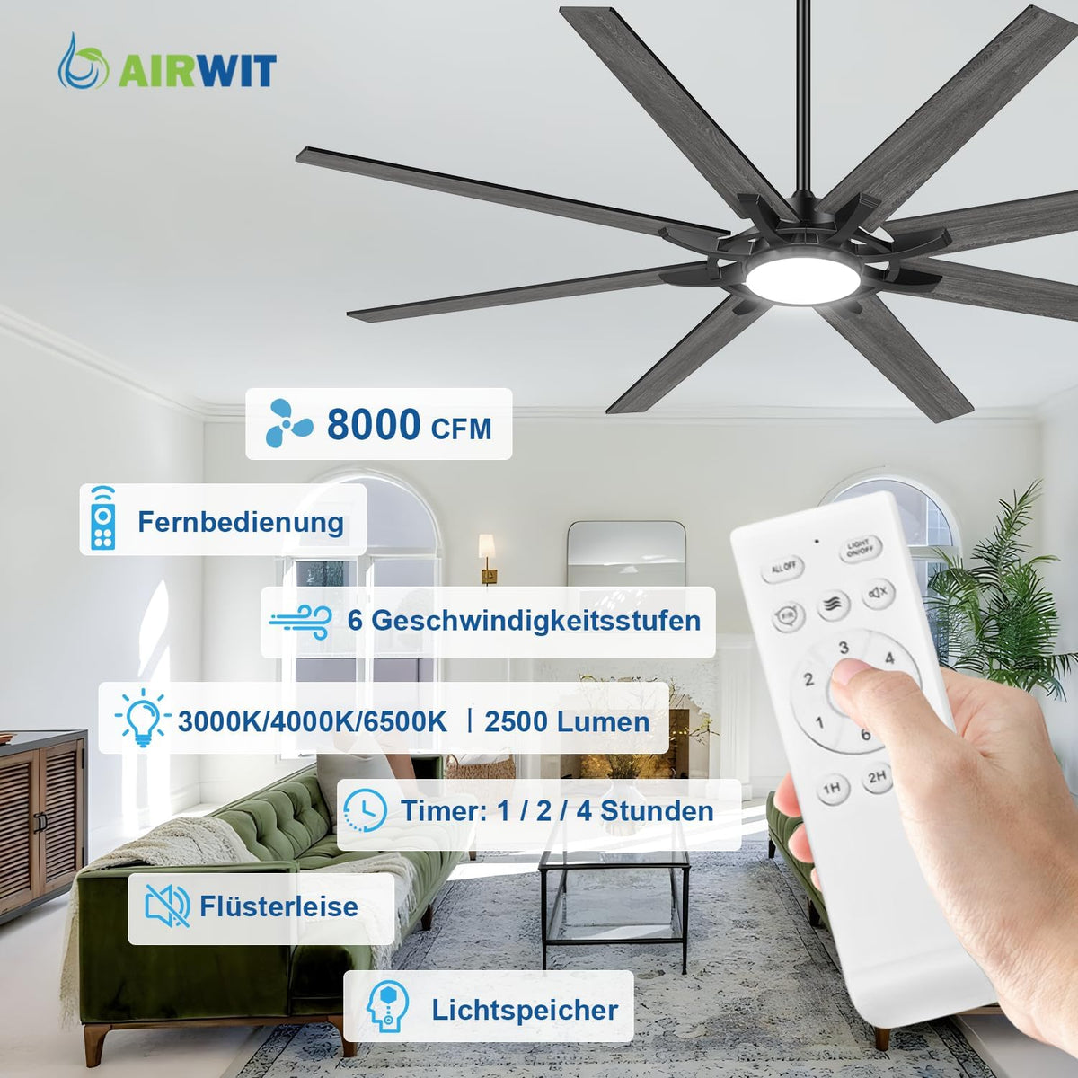 Airwit 183cm Deckenventilator mit Beleuchtung Extra Groß, Verbundholz Outdoor Leise Deckenventilator mit Licht und Fernbedienung, Lampe mit Ventilator für Terrasse, Industrial, Großes Zimmer