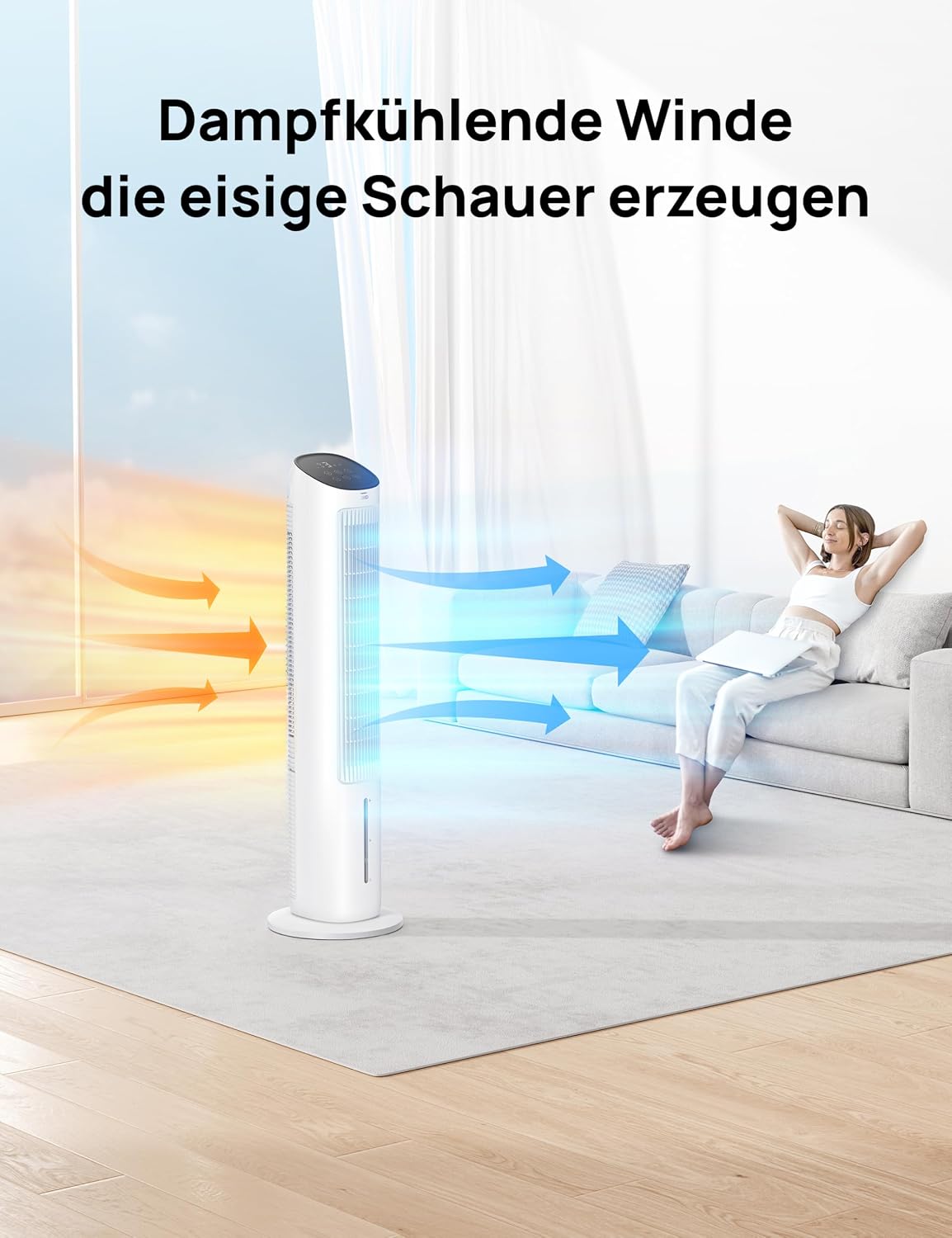 DREO Turmventilator mit Kühlung leise, Ventilator mit Wasserkühlung, 102 cm Luftkühler, Verdunstungskühler mit 80° Schwenkfunktion, 3 Modi, 4 Geschwindigkeiten, Fernbedienung, Weiß