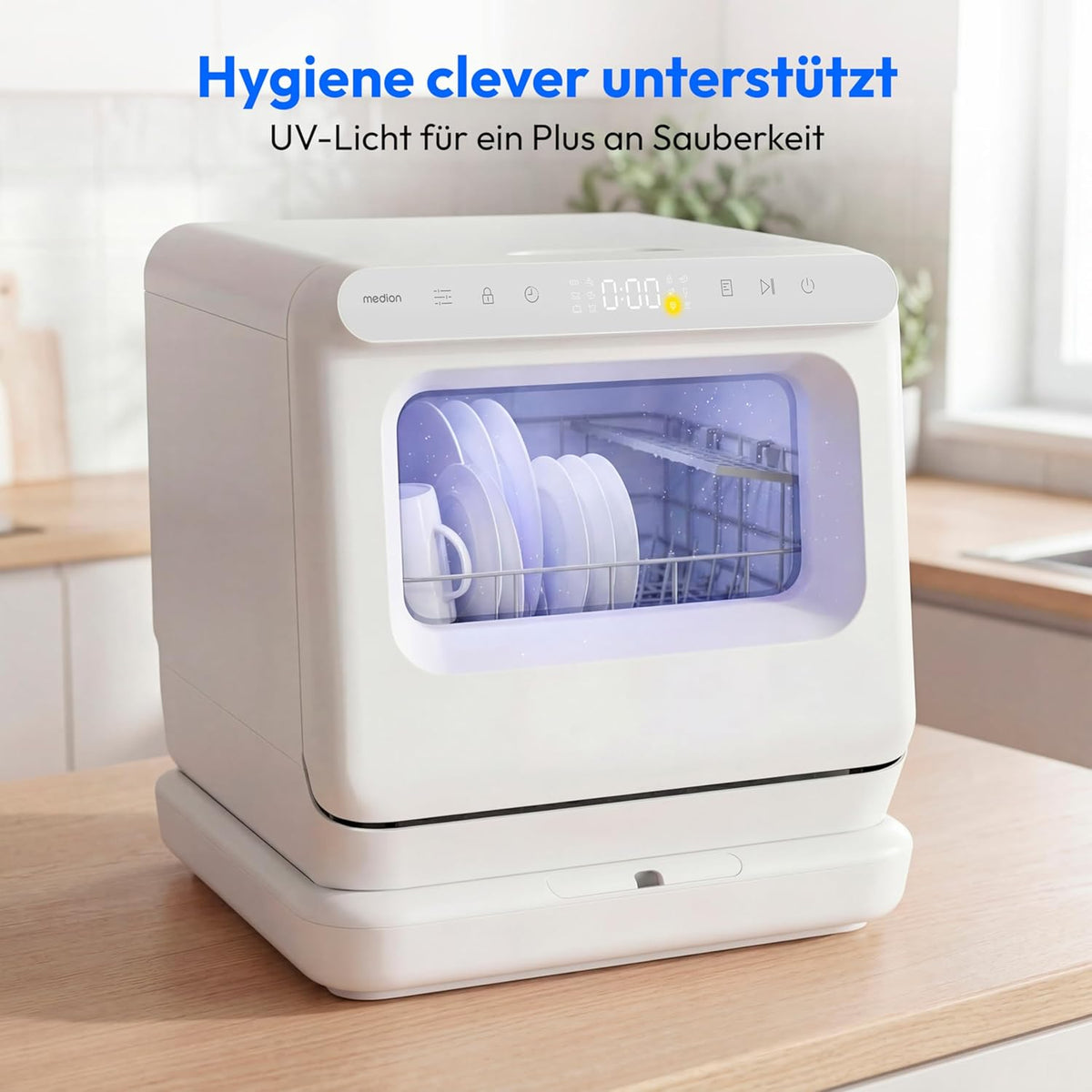 MEDION Mini Geschirrspüler DWT30, 3 Maßgedecke, Tischgeschirrspüler, funktioniert mit/ohne Wasseranschluss, 6 Programme, UV-Licht, Lüfter-Trocknung, Touch-Display, freistehend, MD370022