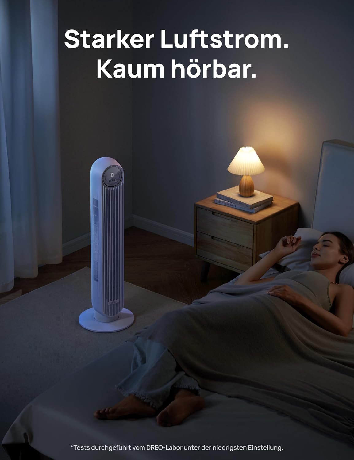 Dreo Smart 20dB Leiser Turmventilator, 10 m Wurfweite 4 Geschwindigstufen 4 Modi 8 Std. Timer 90° oszillierende Ventilator mit Kühlung WLAN & Fernbedienung für Schlafzimmer, Nomad OneS, Weiß