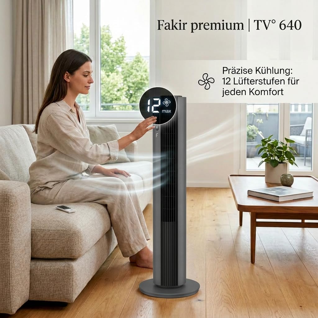 Fakir premium TV° 640 Turmventilator - Leiser Lüfter mit 32dB(A), DC-Motor, 12 Stufen, 12h Timer, LED-Display, Fernbedienung & 90° Oszillation, Luftreinigung, 450m³/h, 110cm Höhe, Farbe: Anthrazit