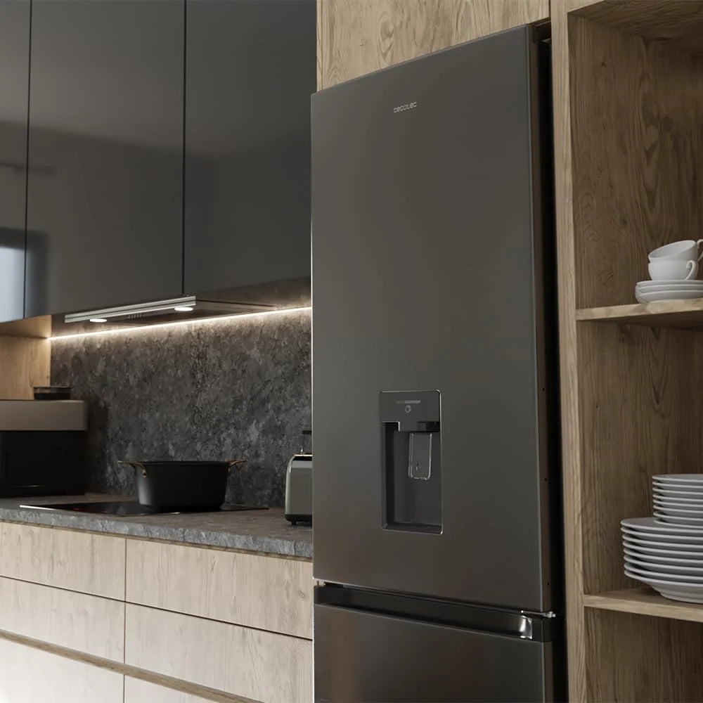 Cecotec Frigorífico Combi 2 Puertas con dispensador de agua Bolero CoolMarket Combi 296 DF WD Dark E. 296L, 60cm de ancho, Funciones FastCooling, FastFreezing y DeFrost, LED interior, Dark Inox