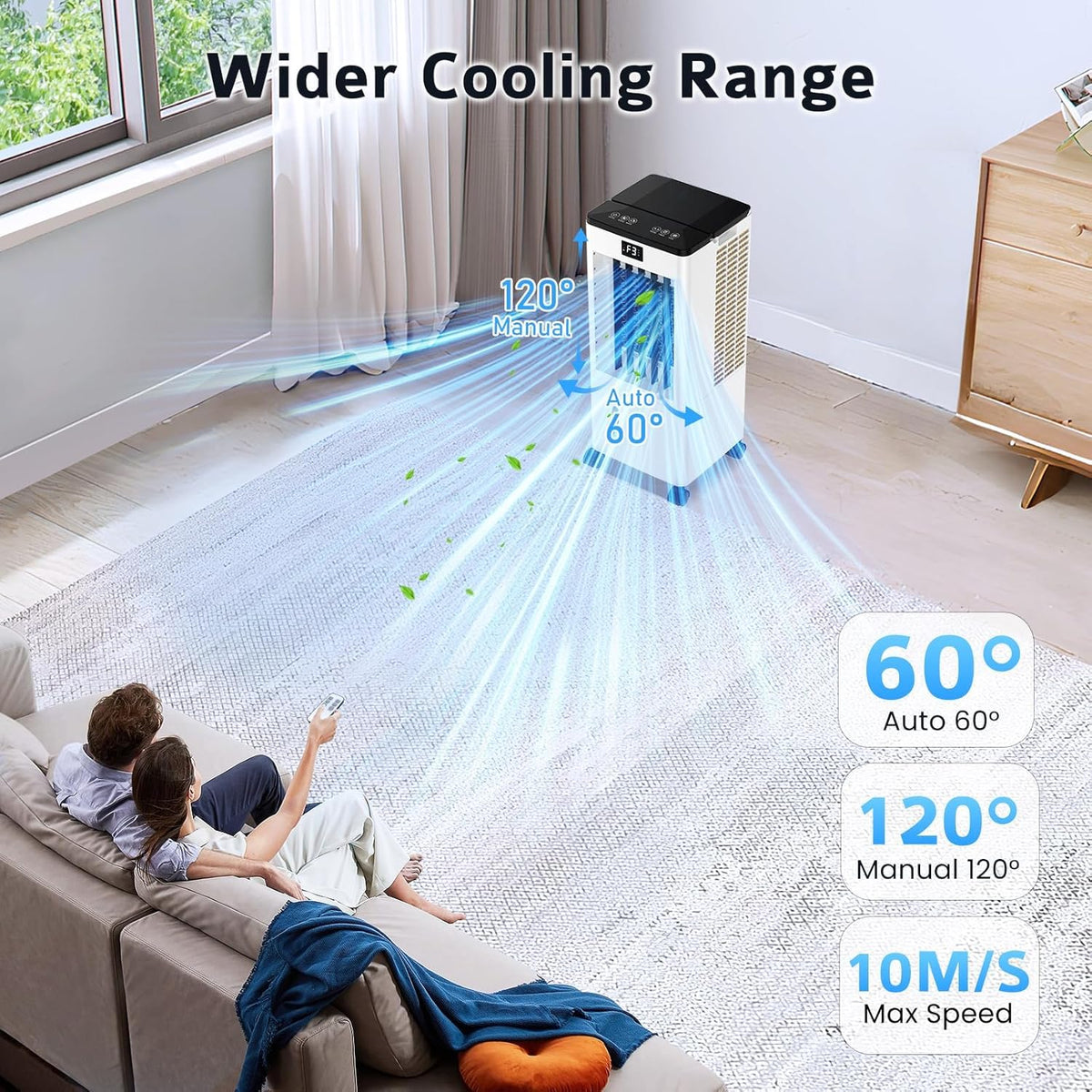 Aire Acondicionado Portátil sin Tubo, Enfriador de Aire Grande 4 en 1, 4 Modos 3 Velocidades, Climatizador Evaporativo 60W, Temporizadores de 1-12 H, con Control Remoto, 4 Ruedas para Hogar Oficina